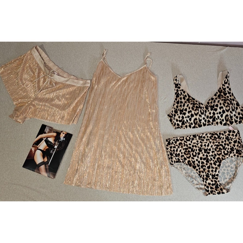 Victoria Secret Lot XL Bralette Panty Shimmer Pleated Gown Shorts Thigh Highs